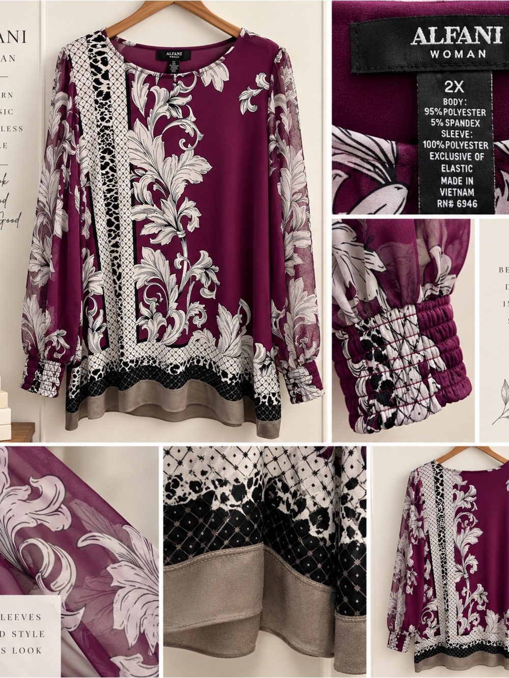 Alfani Woman 2X Purple Floral Mixed Print Sheer Sleeve Blouse